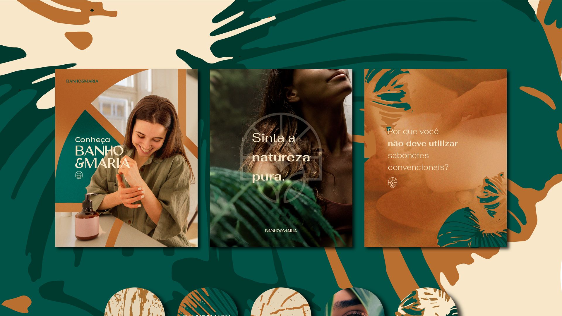 Posts de redes sociais da Banho & Maria com fotos de produtos e de natureza em verde e laranja